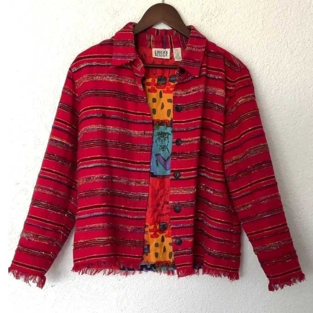 Vintage Chico's Red Button Front Artsy Jacket Silk Blend Size M‎